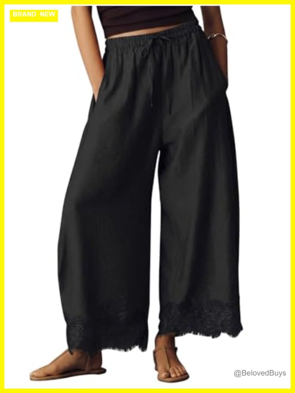 Womens Cotton Lace Trim Wide Leg Cropped Palazzo Pants Drawstring Trousers